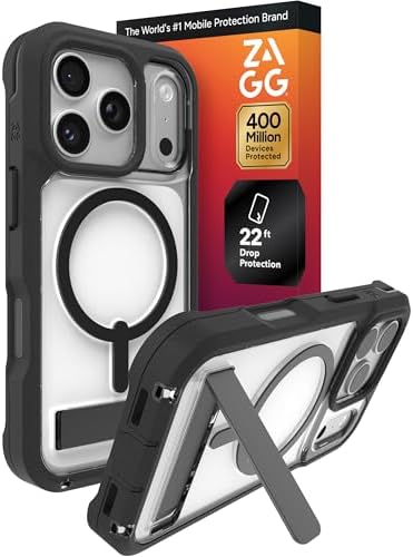 ZAGG Rainier Case with Kickstand for iPhone 17 - Smoke Black, Graphene 22ft (7m) Drop Protection, Lanyard Attach Points, MagSafe, Wireless Charging Compatible, 2-Piece Design, Phone Case