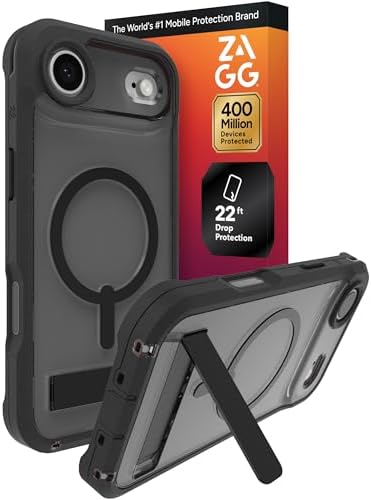 ZAGG Rainier Case with Kickstand for iPhone 17 - Smoke Black, Graphene 22ft (7m) Drop Protection, Lanyard Attach Points, MagSafe, Wireless Charging Compatible, 2-Piece Design, Phone Case