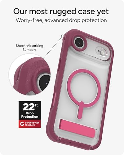 ZAGG Rainier Case with Kickstand for iPhone 17 - Smoke Black, Graphene 22ft (7m) Drop Protection, Lanyard Attach Points, MagSafe, Wireless Charging Compatible, 2-Piece Design, Phone Case