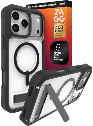 ZAGG Rainier Case with Kickstand for iPhone 17 - Smoke Black, Graphene 22ft (7m) Drop Protection, Lanyard Attach Points, MagSafe, Wireless Charging Compatible, 2-Piece Design, Phone Case