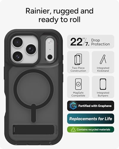 ZAGG Rainier Case with Kickstand for iPhone 17 - Smoke Black, Graphene 22ft (7m) Drop Protection, Lanyard Attach Points, MagSafe, Wireless Charging Compatible, 2-Piece Design, Phone Case