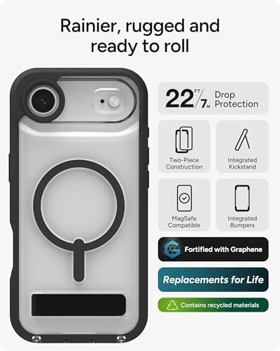 ZAGG Rainier Case with Kickstand for iPhone 17 - Smoke Black, Graphene 22ft (7m) Drop Protection, Lanyard Attach Points, MagSafe, Wireless Charging Compatible, 2-Piece Design, Phone Case
