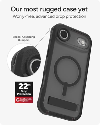 ZAGG Rainier Case with Kickstand for iPhone 17 - Smoke Black, Graphene 22ft (7m) Drop Protection, Lanyard Attach Points, MagSafe, Wireless Charging Compatible, 2-Piece Design, Phone Case