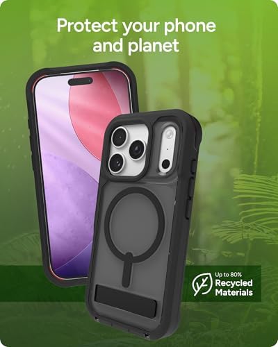 ZAGG Rainier Case with Kickstand for iPhone 17 - Smoke Black, Graphene 22ft (7m) Drop Protection, Lanyard Attach Points, MagSafe, Wireless Charging Compatible, 2-Piece Design, Phone Case