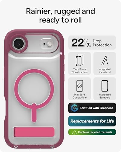 ZAGG Rainier Case with Kickstand for iPhone 17 - Smoke Black, Graphene 22ft (7m) Drop Protection, Lanyard Attach Points, MagSafe, Wireless Charging Compatible, 2-Piece Design, Phone Case