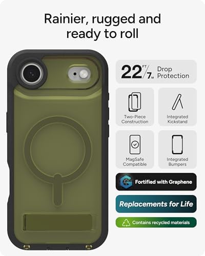 ZAGG Rainier Case with Kickstand for iPhone 17 - Smoke Black, Graphene 22ft (7m) Drop Protection, Lanyard Attach Points, MagSafe, Wireless Charging Compatible, 2-Piece Design, Phone Case