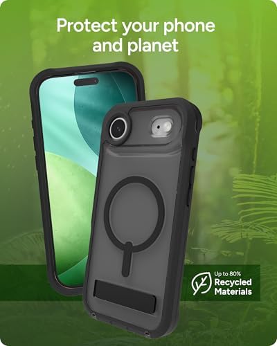 ZAGG Rainier Case with Kickstand for iPhone 17 - Smoke Black, Graphene 22ft (7m) Drop Protection, Lanyard Attach Points, MagSafe, Wireless Charging Compatible, 2-Piece Design, Phone Case