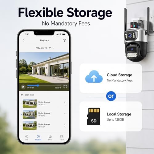 Outdoor Camera, Dual Lens PTZ 6MP Security Camera Outdoor, 6X Digital Zoom, Auto Tracking, Color Night Vision, 5G/2.4G Dual-Band WiFi, Plug-in Power, 2-Way Audio, IP66 Waterproof