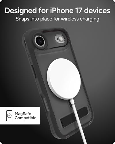 ZAGG Rainier Case with Kickstand for iPhone 17 - Smoke Black, Graphene 22ft (7m) Drop Protection, Lanyard Attach Points, MagSafe, Wireless Charging Compatible, 2-Piece Design, Phone Case