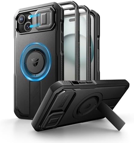 Dexnor for iPhone 15 Pro Max Case with Slide Camera Cover &amp; Adjustable Kickstand &amp; Built-in Screen Protector, Magnetic Rugged Shockproof Bumper Cases Heavy-Duty Magnetic Protective Cover,Black
