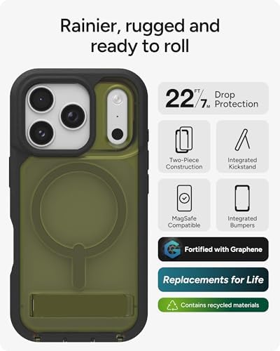ZAGG Rainier Case with Kickstand for iPhone 17 - Smoke Black, Graphene 22ft (7m) Drop Protection, Lanyard Attach Points, MagSafe, Wireless Charging Compatible, 2-Piece Design, Phone Case