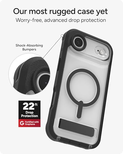 ZAGG Rainier Case with Kickstand for iPhone 17 - Smoke Black, Graphene 22ft (7m) Drop Protection, Lanyard Attach Points, MagSafe, Wireless Charging Compatible, 2-Piece Design, Phone Case