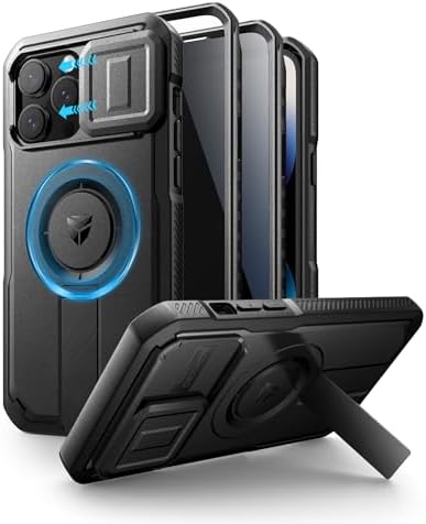 Dexnor for iPhone 15 Pro Max Case with Slide Camera Cover &amp; Adjustable Kickstand &amp; Built-in Screen Protector, Magnetic Rugged Shockproof Bumper Cases Heavy-Duty Magnetic Protective Cover,Black