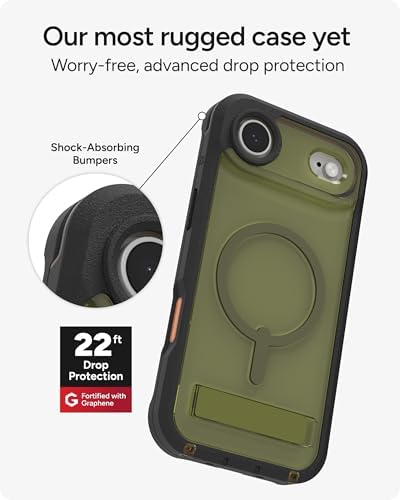 ZAGG Rainier Case with Kickstand for iPhone 17 - Smoke Black, Graphene 22ft (7m) Drop Protection, Lanyard Attach Points, MagSafe, Wireless Charging Compatible, 2-Piece Design, Phone Case