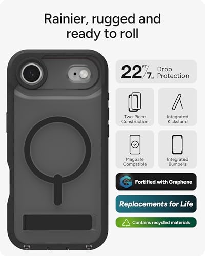ZAGG Rainier Case with Kickstand for iPhone 17 - Smoke Black, Graphene 22ft (7m) Drop Protection, Lanyard Attach Points, MagSafe, Wireless Charging Compatible, 2-Piece Design, Phone Case