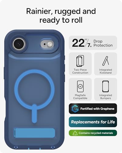 ZAGG Rainier Case with Kickstand for iPhone 17 - Smoke Black, Graphene 22ft (7m) Drop Protection, Lanyard Attach Points, MagSafe, Wireless Charging Compatible, 2-Piece Design, Phone Case