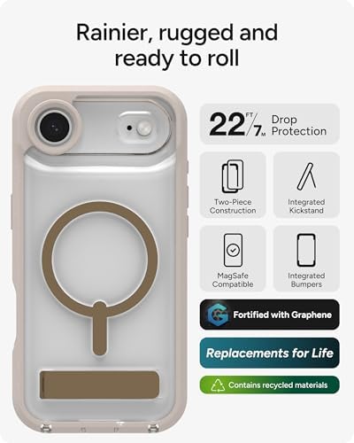 ZAGG Rainier Case with Kickstand for iPhone 17 - Smoke Black, Graphene 22ft (7m) Drop Protection, Lanyard Attach Points, MagSafe, Wireless Charging Compatible, 2-Piece Design, Phone Case