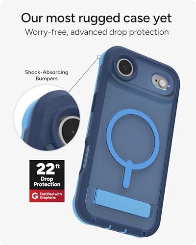 ZAGG Rainier Case with Kickstand for iPhone 17 - Smoke Black, Graphene 22ft (7m) Drop Protection, Lanyard Attach Points, MagSafe, Wireless Charging Compatible, 2-Piece Design, Phone Case