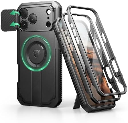 Dexnor for iPhone 15 Pro Max Case with Slide Camera Cover &amp; Adjustable Kickstand &amp; Built-in Screen Protector, Magnetic Rugged Shockproof Bumper Cases Heavy-Duty Magnetic Protective Cover,Black