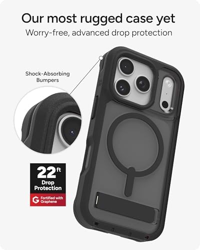 ZAGG Rainier Case with Kickstand for iPhone 17 - Smoke Black, Graphene 22ft (7m) Drop Protection, Lanyard Attach Points, MagSafe, Wireless Charging Compatible, 2-Piece Design, Phone Case
