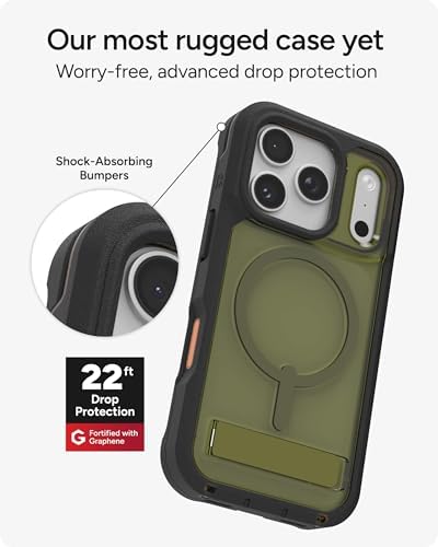 ZAGG Rainier Case with Kickstand for iPhone 17 - Smoke Black, Graphene 22ft (7m) Drop Protection, Lanyard Attach Points, MagSafe, Wireless Charging Compatible, 2-Piece Design, Phone Case
