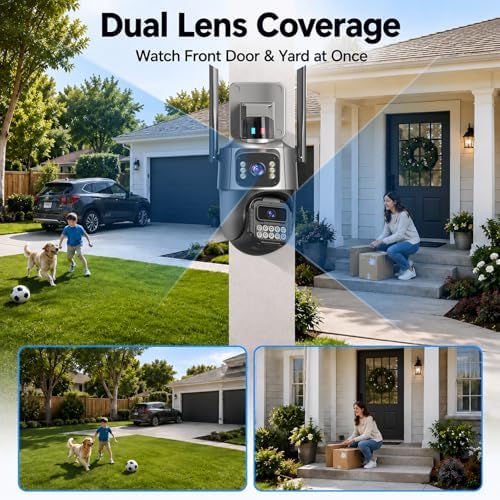 Outdoor Camera, Dual Lens PTZ 6MP Security Camera Outdoor, 6X Digital Zoom, Auto Tracking, Color Night Vision, 5G/2.4G Dual-Band WiFi, Plug-in Power, 2-Way Audio, IP66 Waterproof