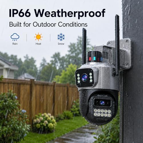 Outdoor Camera, Dual Lens PTZ 6MP Security Camera Outdoor, 6X Digital Zoom, Auto Tracking, Color Night Vision, 5G/2.4G Dual-Band WiFi, Plug-in Power, 2-Way Audio, IP66 Waterproof