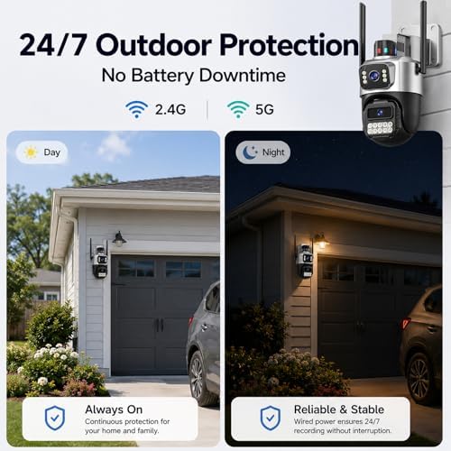 Outdoor Camera, Dual Lens PTZ 6MP Security Camera Outdoor, 6X Digital Zoom, Auto Tracking, Color Night Vision, 5G/2.4G Dual-Band WiFi, Plug-in Power, 2-Way Audio, IP66 Waterproof