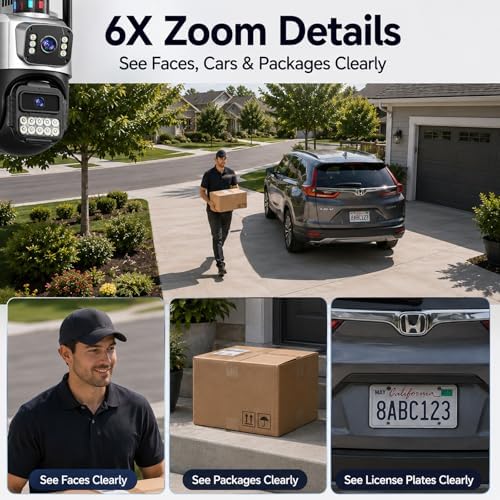 Outdoor Camera, Dual Lens PTZ 6MP Security Camera Outdoor, 6X Digital Zoom, Auto Tracking, Color Night Vision, 5G/2.4G Dual-Band WiFi, Plug-in Power, 2-Way Audio, IP66 Waterproof