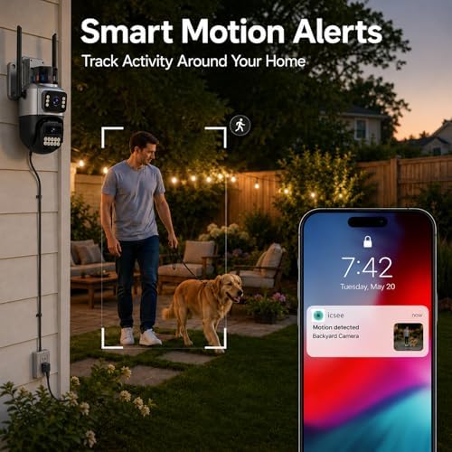 Outdoor Camera, Dual Lens PTZ 6MP Security Camera Outdoor, 6X Digital Zoom, Auto Tracking, Color Night Vision, 5G/2.4G Dual-Band WiFi, Plug-in Power, 2-Way Audio, IP66 Waterproof