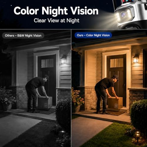 Outdoor Camera, Dual Lens PTZ 6MP Security Camera Outdoor, 6X Digital Zoom, Auto Tracking, Color Night Vision, 5G/2.4G Dual-Band WiFi, Plug-in Power, 2-Way Audio, IP66 Waterproof