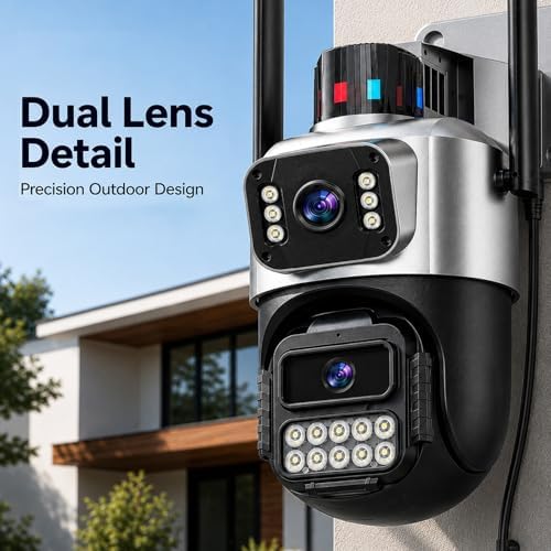 Outdoor Camera, Dual Lens PTZ 6MP Security Camera Outdoor, 6X Digital Zoom, Auto Tracking, Color Night Vision, 5G/2.4G Dual-Band WiFi, Plug-in Power, 2-Way Audio, IP66 Waterproof