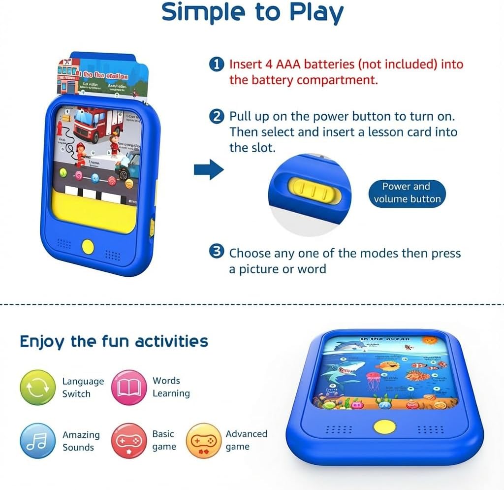 Qiaojoy Kids Learning Tablet Educational Learning Pad for Toddlers 2-5 to Learn Alphabets, Numbers, Foods, Time, Music, Talking Cards for Toddlers，Learning Educational Toy Kids Gifts