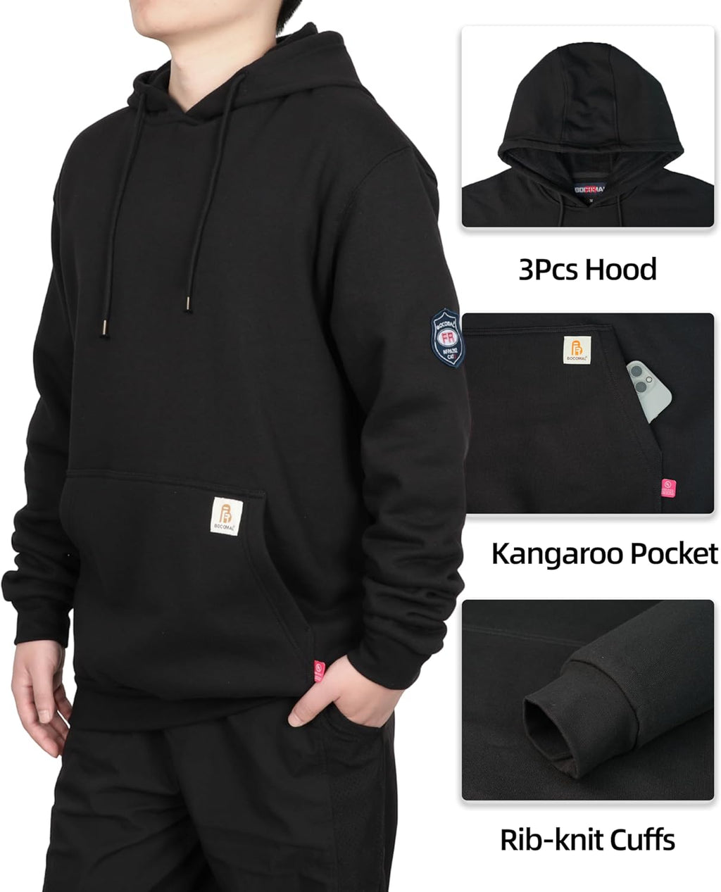 BOCOMAL FR Hoodies Pullover 10.5oz Cotton Fleece Flame Resistant Hooded Sweatshirts