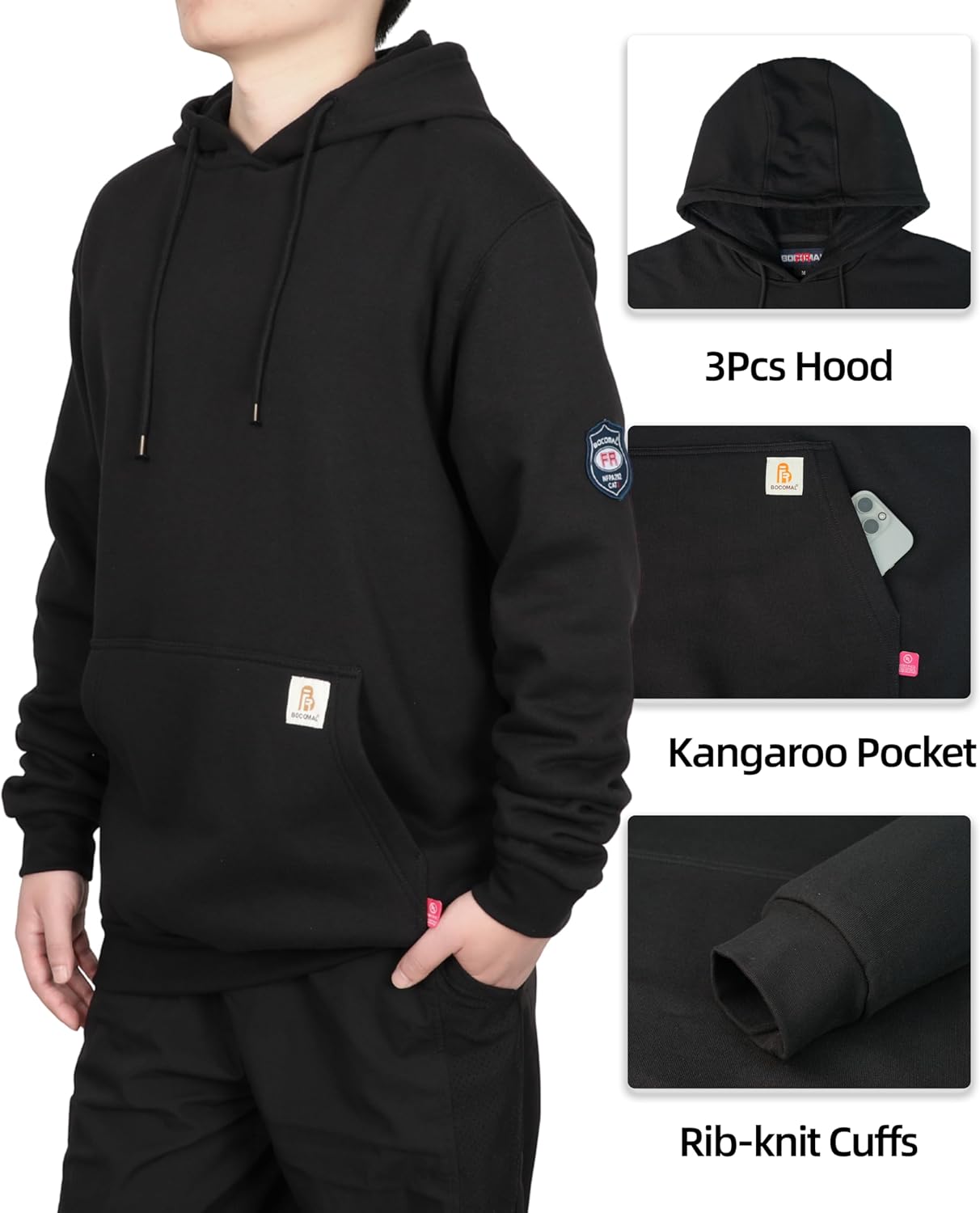 BOCOMAL FR Hoodies Pullover 10.5oz Cotton Fleece Flame Resistant Hooded Sweatshirts