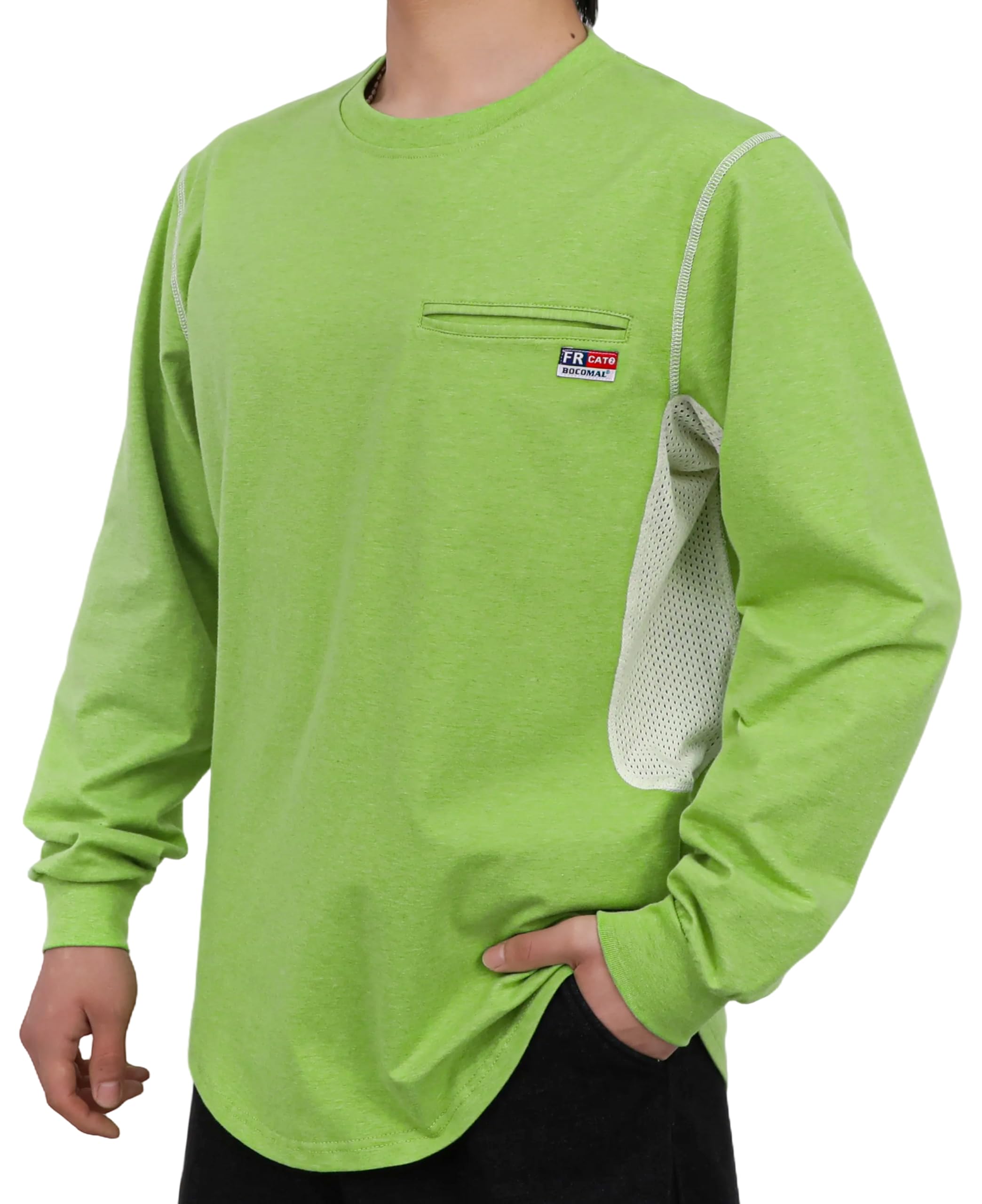 BOCOMAL FR Shirts for Summer Breathable Vented Design 6oz Heather Jersey Flame Resistant Long Sleeve Crew T Shirt