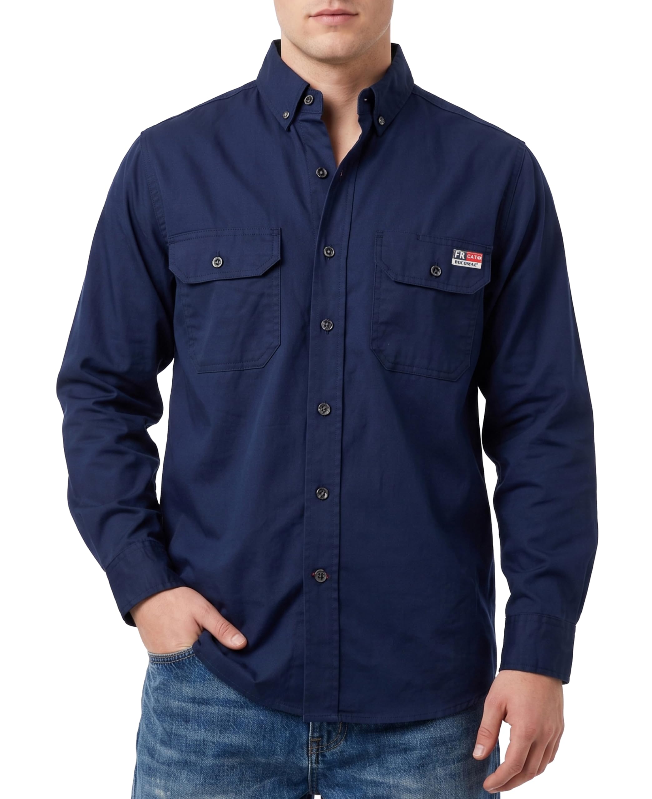 BOCOMAL FR Shirts Button Down for Summer 5.5 oz Lightweight Chambray Breathable Vented Back Flame Resistant Workwear CAT1