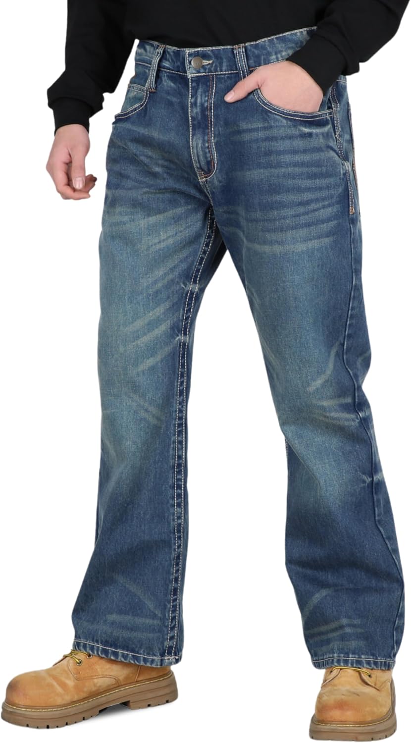 BOCOMAL Mens FR Jeans Relaxed Fit Boot Cut Retro Washed Flame Resistant Denim Work Pants NFPA2112 CAT2