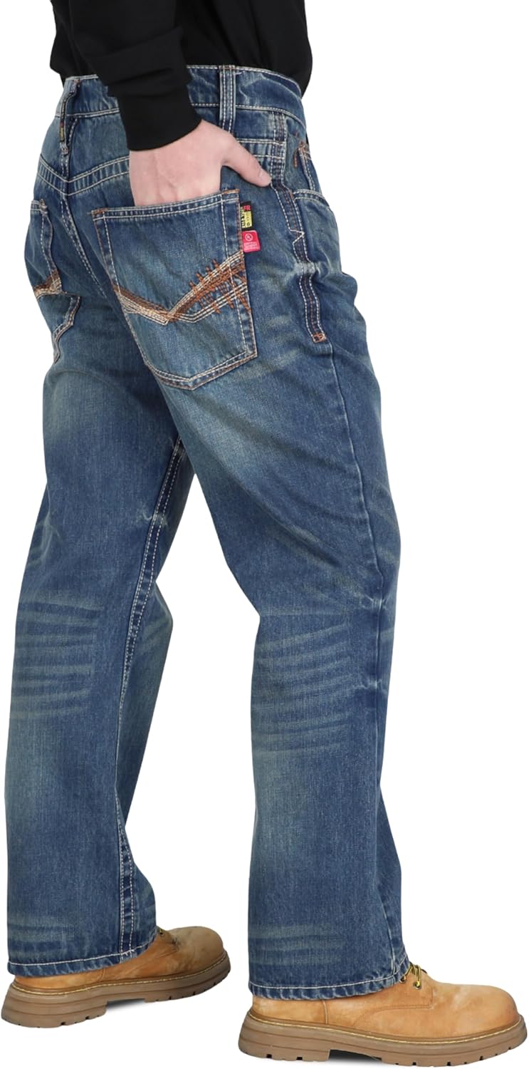BOCOMAL Mens FR Jeans Relaxed Fit Boot Cut Retro Washed Flame Resistant Denim Work Pants NFPA2112 CAT2