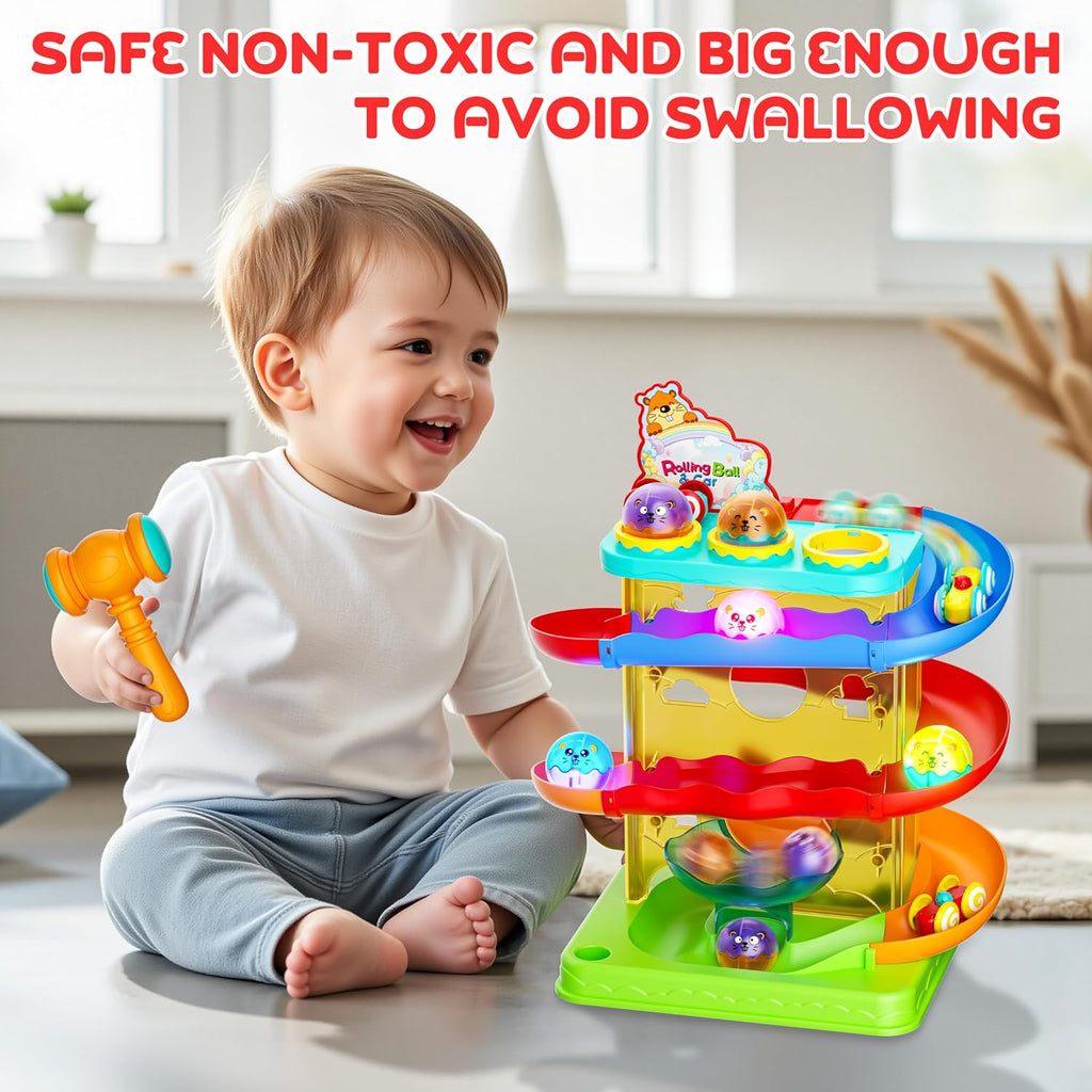 2-in-1 Rolling Ball & Car Ramp Race Track for Toddlers, Hammer Ball Drop Toy for Boys & Girls, Interactive Playset w/Sensor Lights - Montessori STEM Learning Toys for Kids 1-5+ Year Old