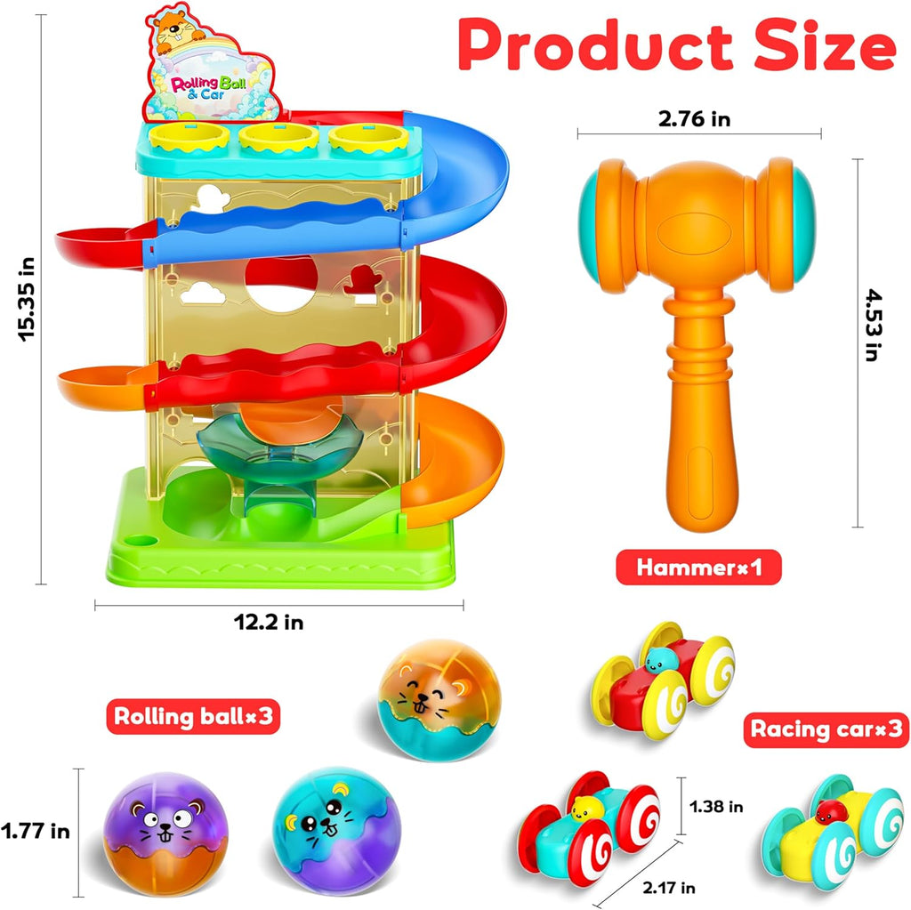 2-in-1 Rolling Ball & Car Ramp Race Track for Toddlers, Hammer Ball Drop Toy for Boys & Girls, Interactive Playset w/Sensor Lights - Montessori STEM Learning Toys for Kids 1-5+ Year Old