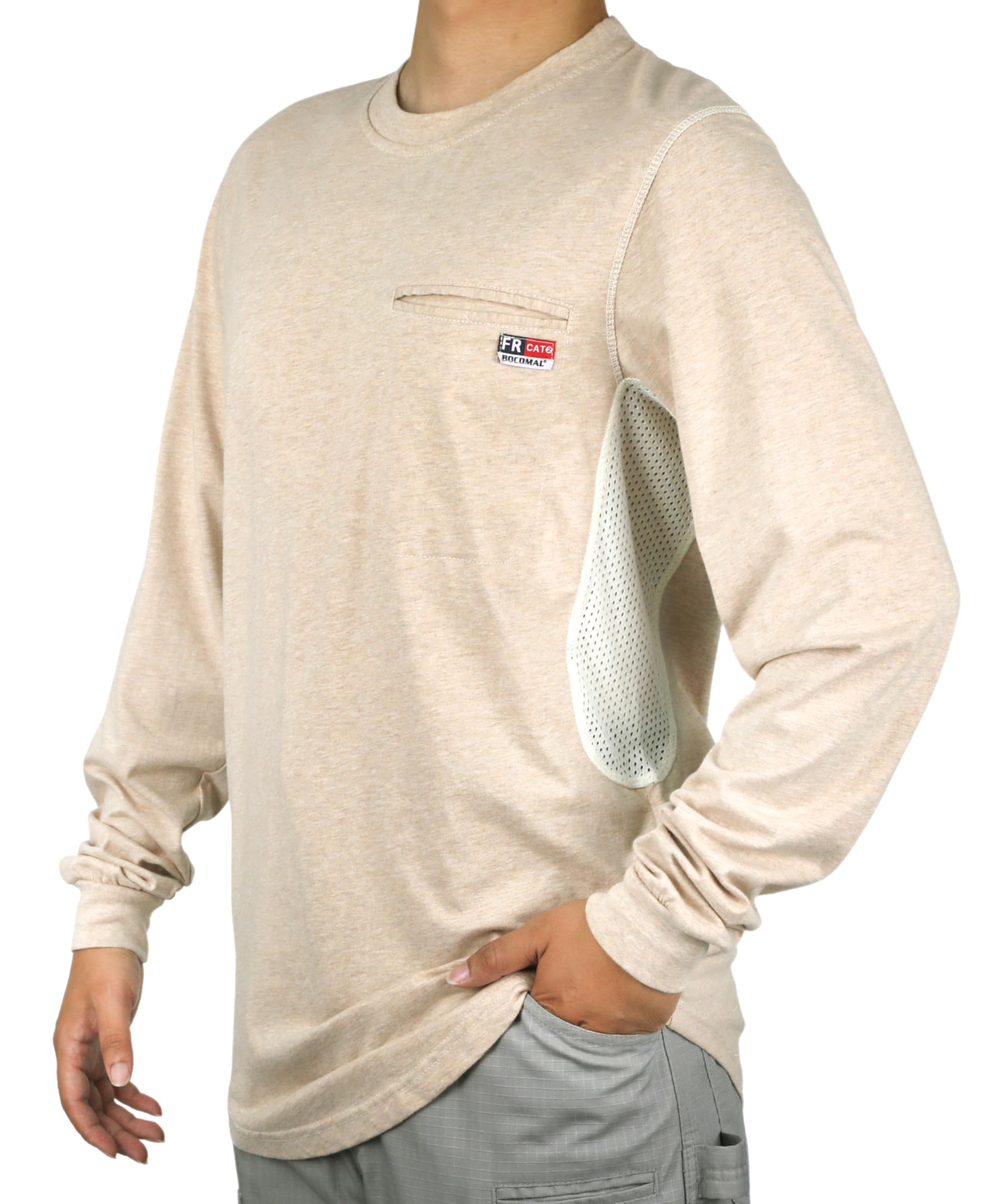 BOCOMAL FR Shirts for Summer Breathable Vented Design 6oz Heather Jersey Flame Resistant Long Sleeve Crew T Shirt