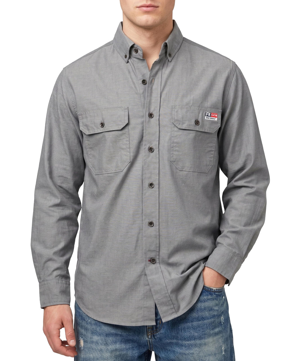 BOCOMAL FR Shirts Button Down for Summer 5.5 oz Lightweight Chambray Breathable Vented Back Flame Resistant Workwear CAT1