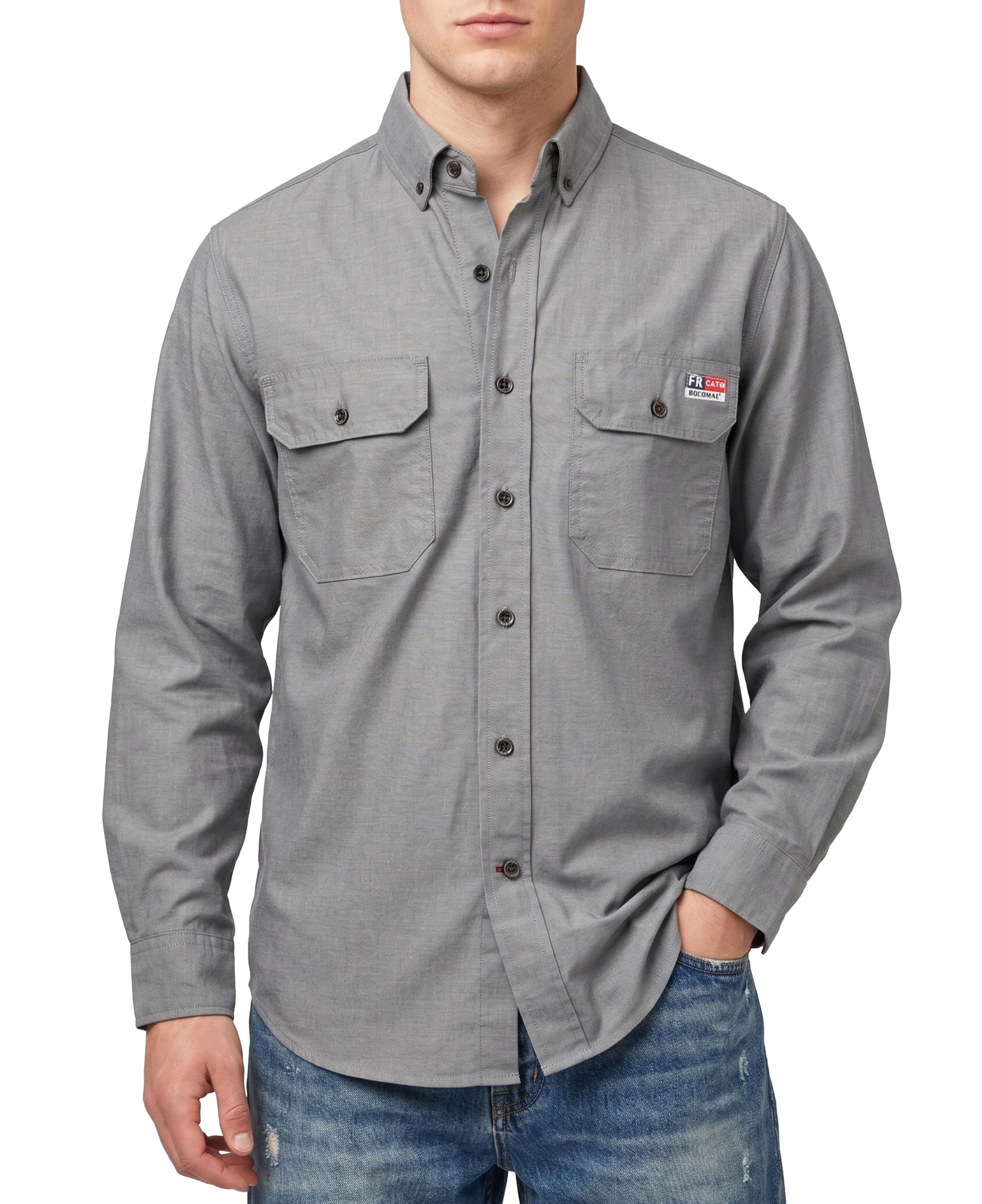 BOCOMAL FR Shirts Button Down for Summer 5.5 oz Lightweight Chambray Breathable Vented Back Flame Resistant Workwear CAT1