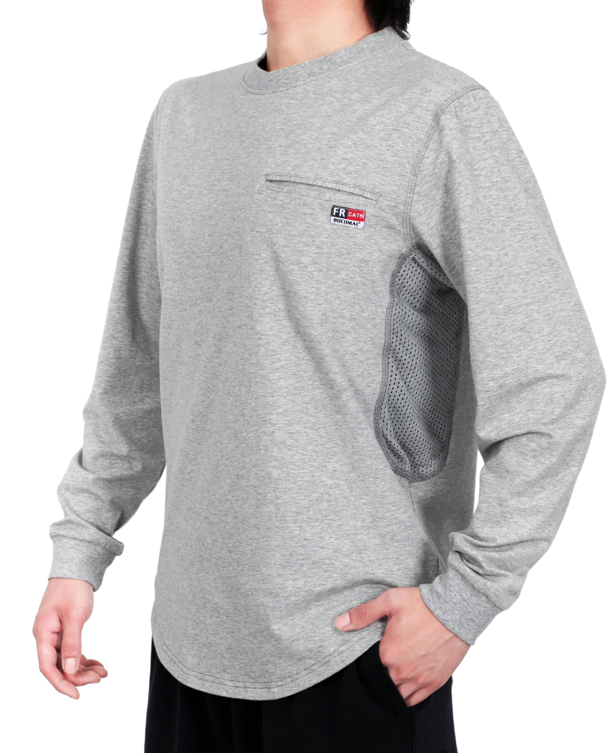 BOCOMAL FR Shirts for Summer Breathable Vented Design 6oz Heather Jersey Flame Resistant Long Sleeve Crew T Shirt