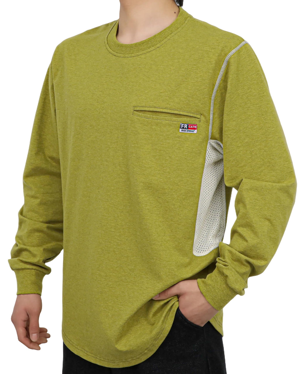 BOCOMAL FR Shirts for Summer Breathable Vented Design 6oz Heather Jersey Flame Resistant Long Sleeve Crew T Shirt