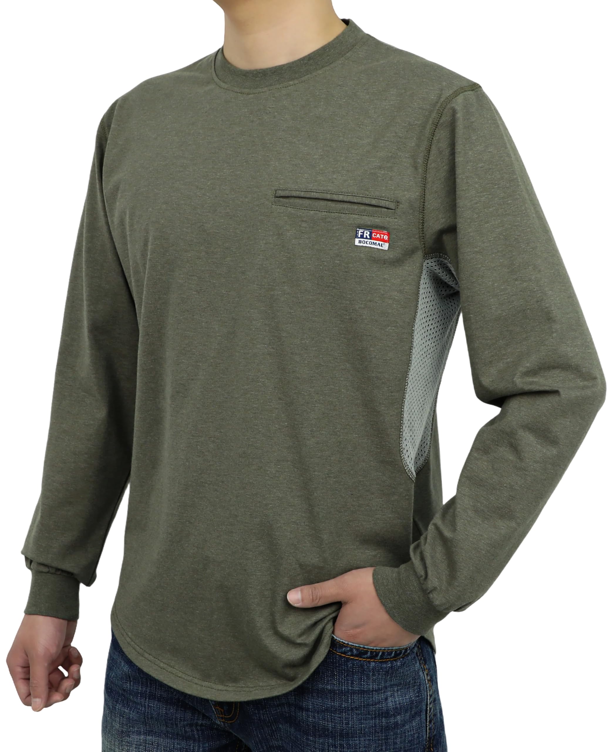 BOCOMAL FR Shirts for Summer Breathable Vented Design 6oz Heather Jersey Flame Resistant Long Sleeve Crew T Shirt