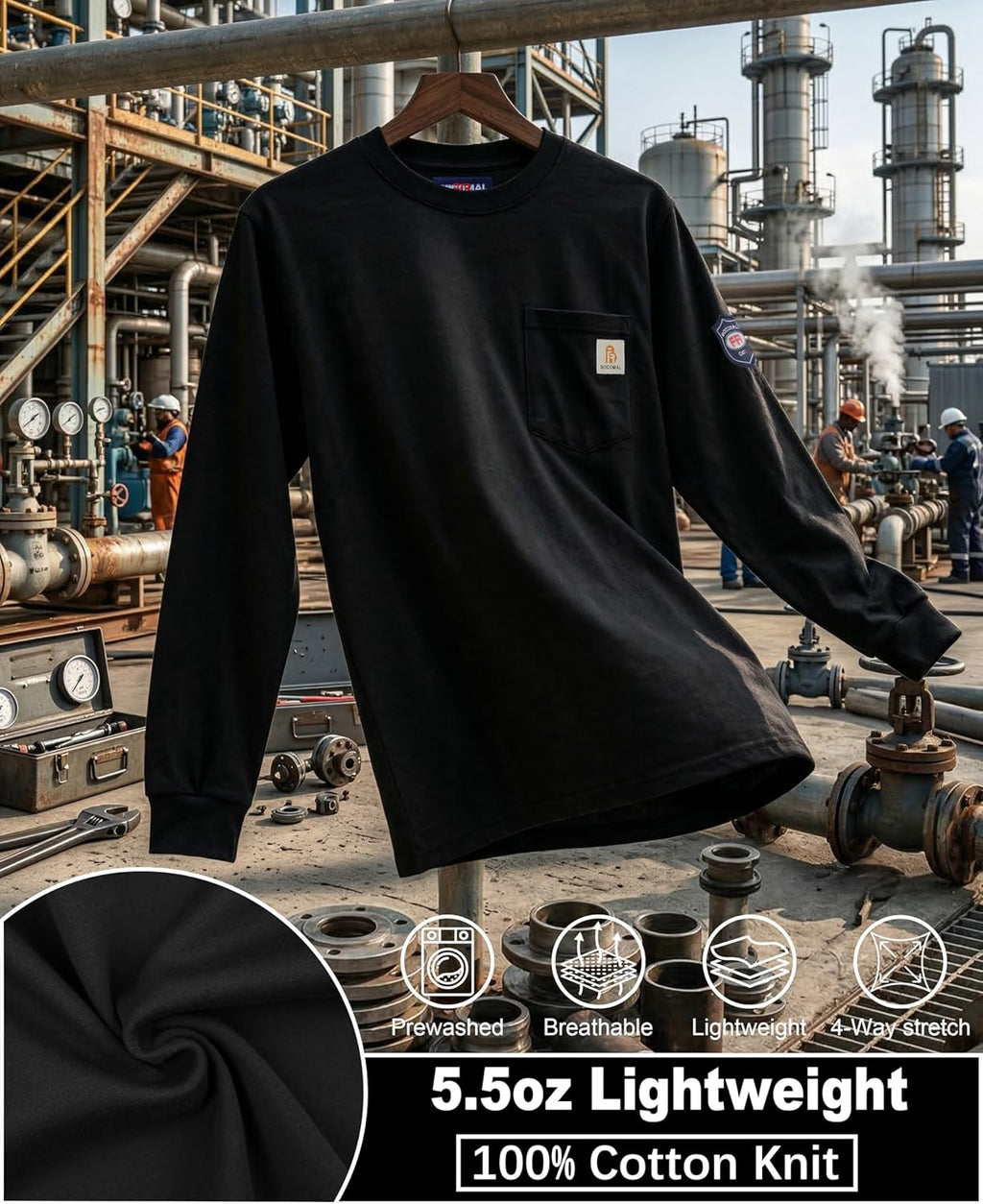 BOCOMAL FR Shirts Lightweight Classic Crew Long Sleeve Fire Resistant Shirt CAT2