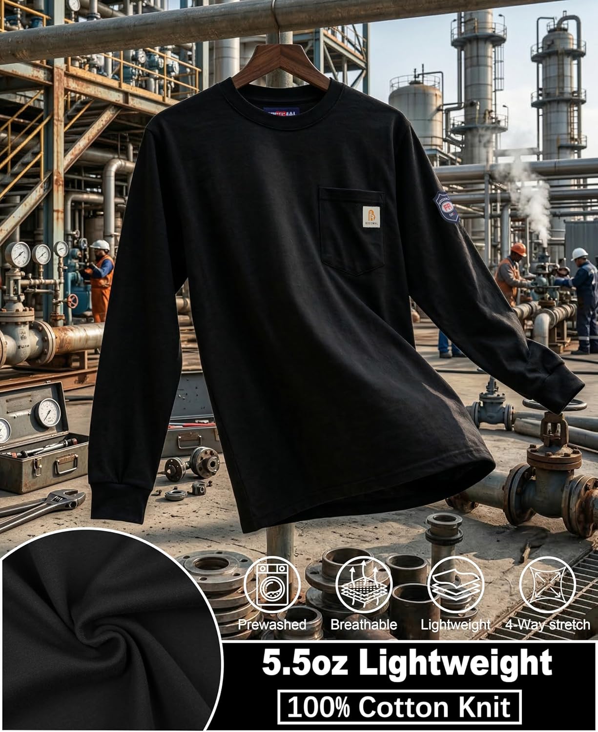 BOCOMAL FR Shirts Lightweight Classic Crew Long Sleeve Fire Resistant Shirt CAT2