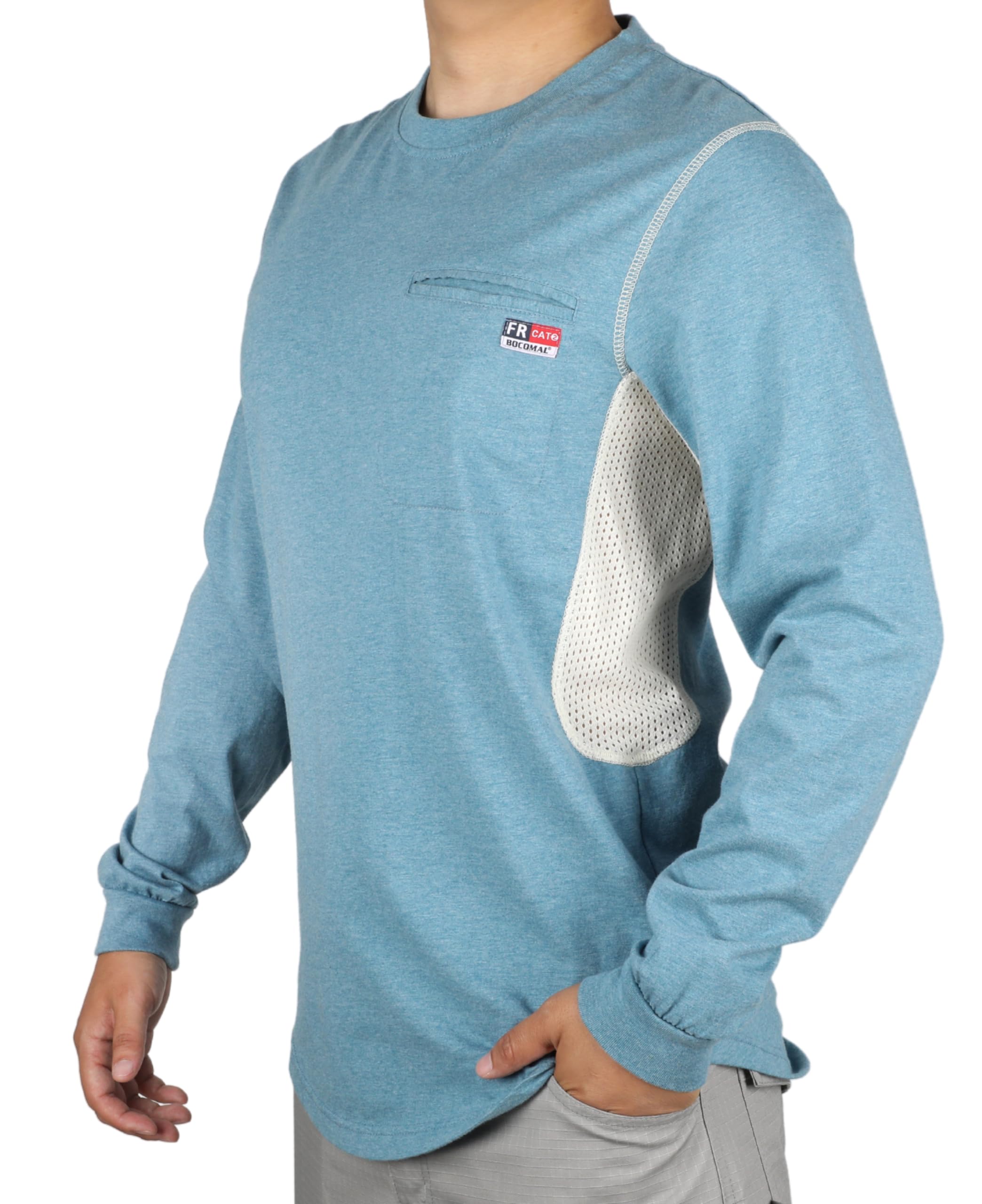 BOCOMAL FR Shirts for Summer Breathable Vented Design 6oz Heather Jersey Flame Resistant Long Sleeve Crew T Shirt
